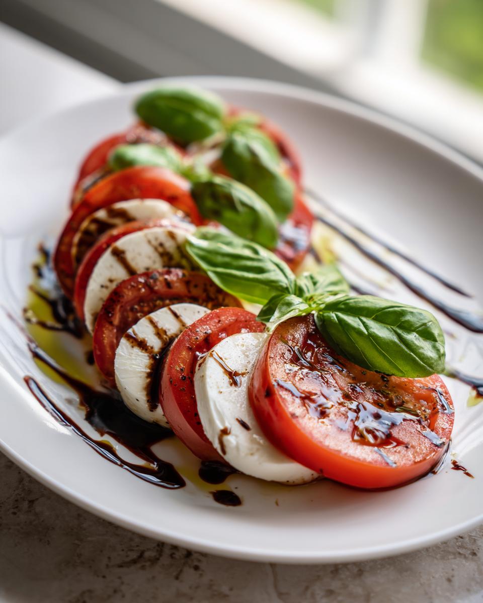 Caprese salad with alternating slices of tomato and mozzarella drizzled with balsamic glaze and garnished with basil leaves