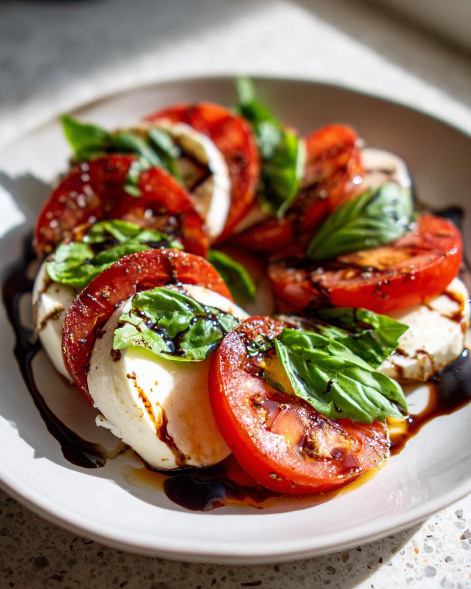 Plate of caprese salad with sliced tomatoes, fresh mozzarella, basil, and drizzled balsamic glaze