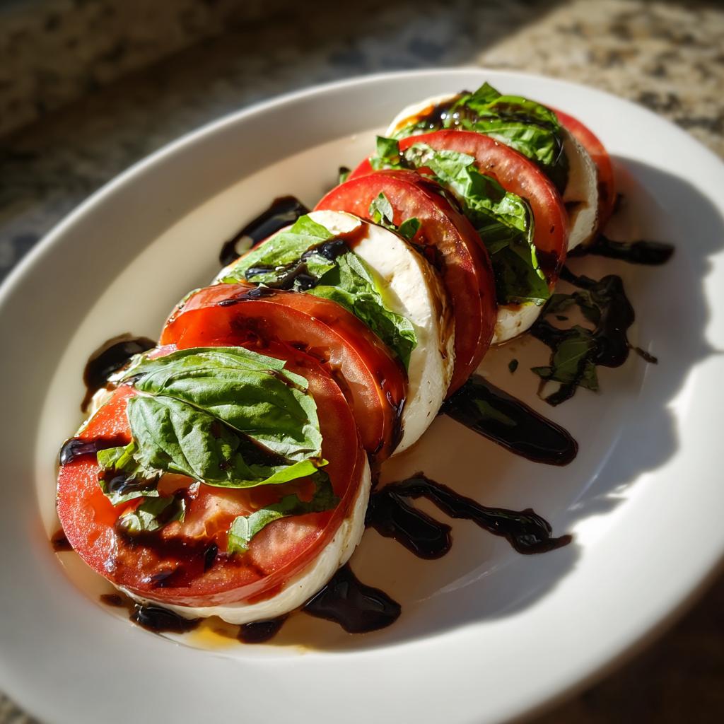 Caprese salad with tomatoes, mozzarella, basil leaves, and balsamic glaze drizzled on top.