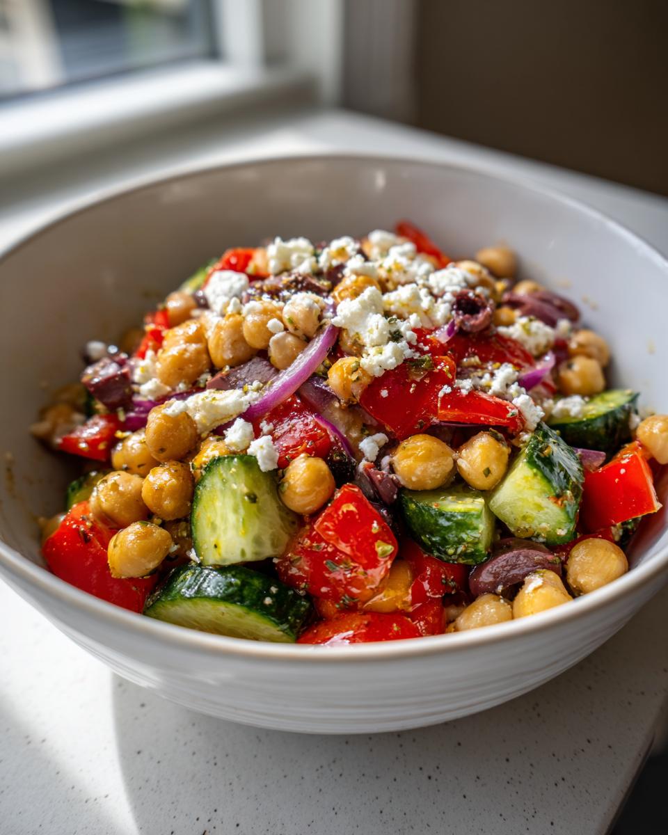 Bowl of colorful mediterranean chickpea and veggie salad with cucumbers, tomatoes, red onions and feta cheese.
