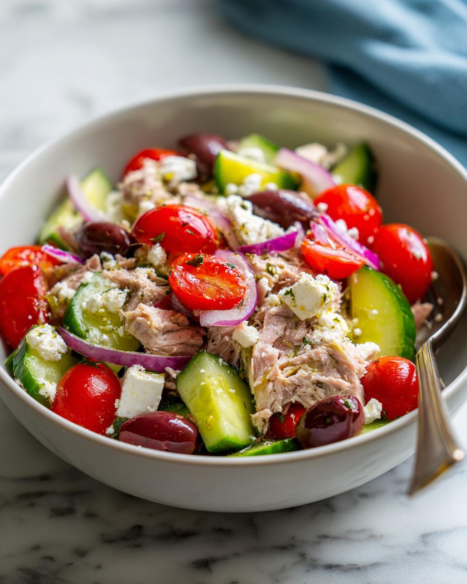 Mediterranean tuna salad with cherry tomatoes, cucumber, olives, red onion, feta, and tuna in a white bowl.