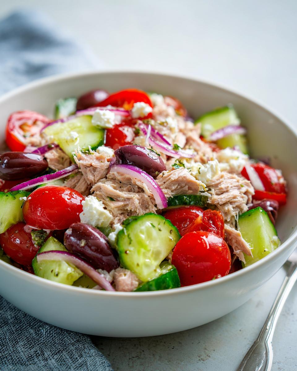 Close-up of Mediterranean tuna salad with cucumbers, cherry tomatoes, olives, red onions, and feta cheese.