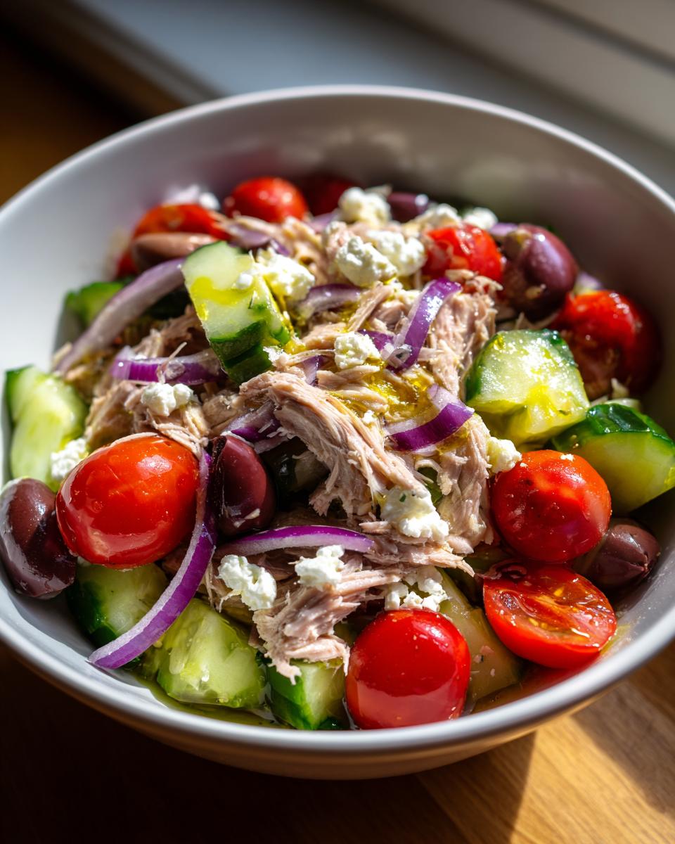 Mediterranean tuna salad with tuna, cherry tomatoes, cucumbers, olives, red onions, and feta cheese