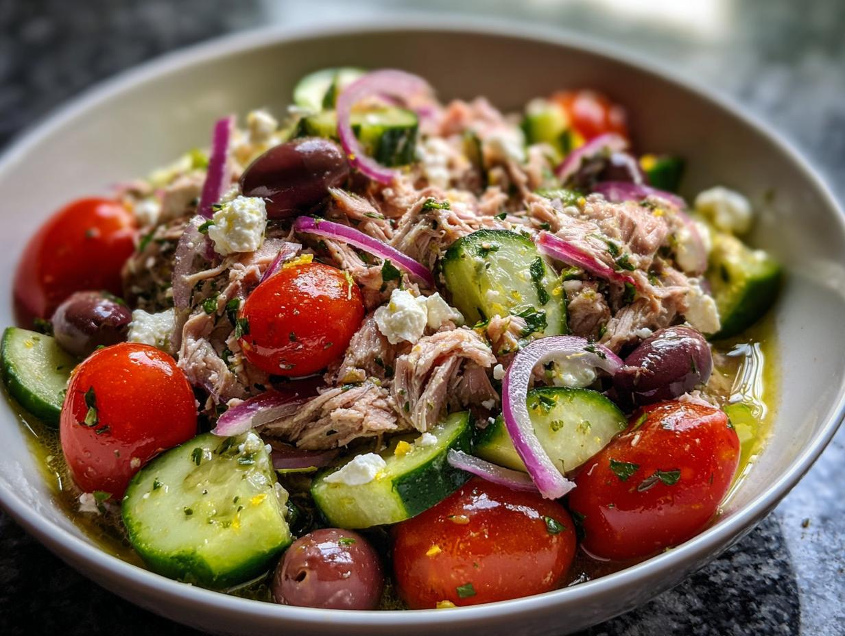 Bowl of mediterranean tuna salad with cucumbers, cherry tomatoes, olives, red onions, and feta cheese