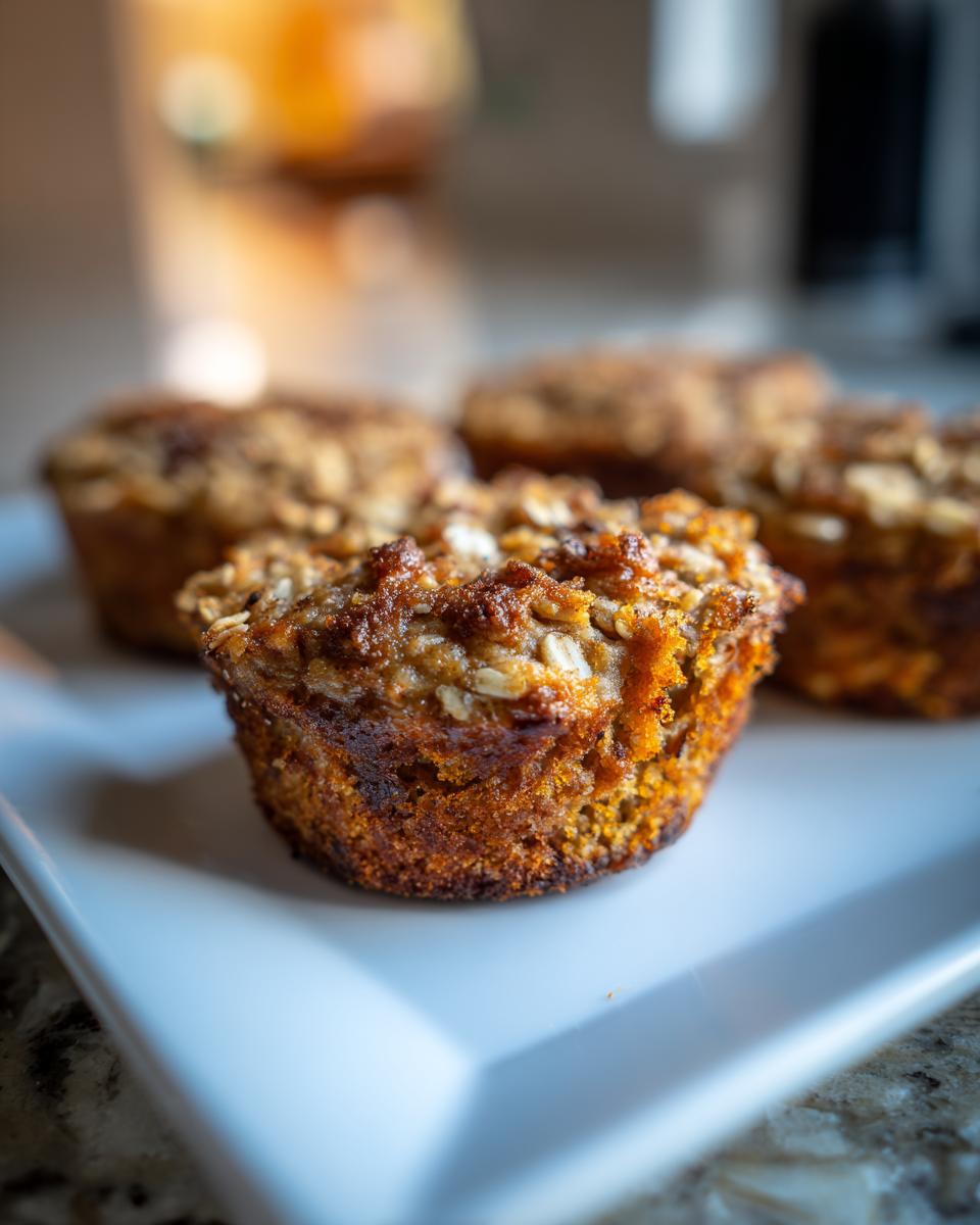 Close-up of golden brown pumpkin spice baked oatmeal cups on a white plate