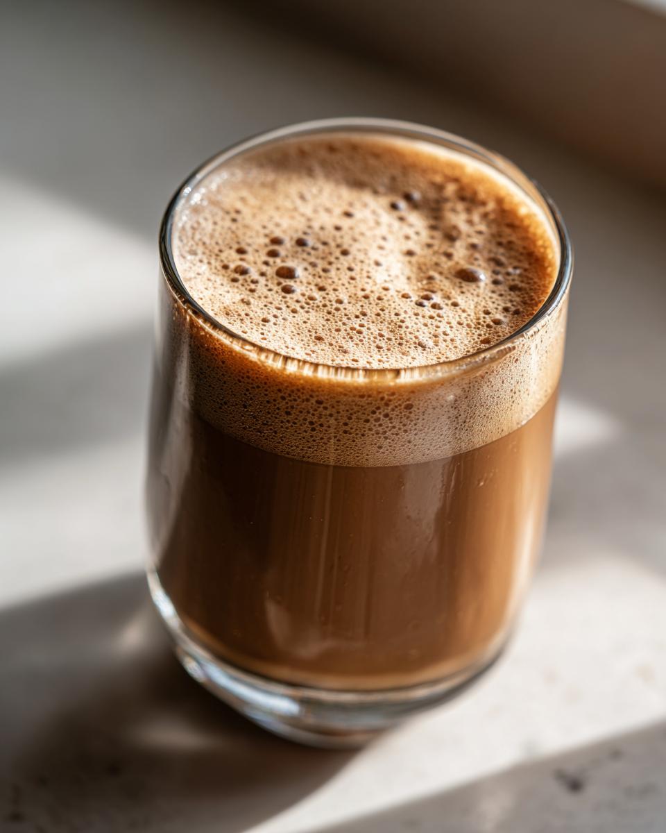 Close-up of a glass filled with a frothy mocha coffee smoothie for breakfast.