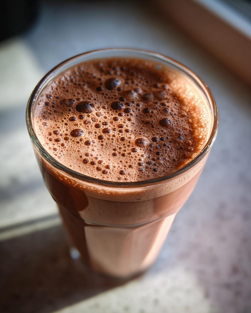 Close-up of a glass filled with a frothy mocha coffee smoothie for breakfast.