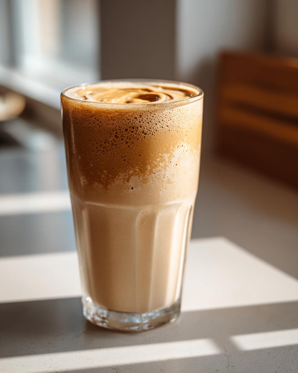 Glass filled with frothy peanut butter banana protein smoothie on a sunlit table.