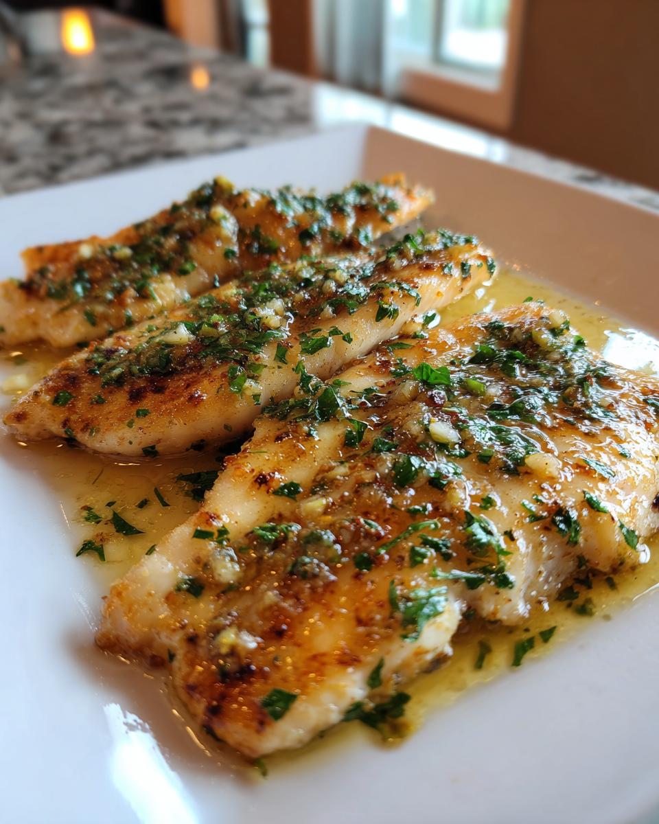 Three pieces of garlic butter baked tilapia with lemon garnished with herbs on a white plate.