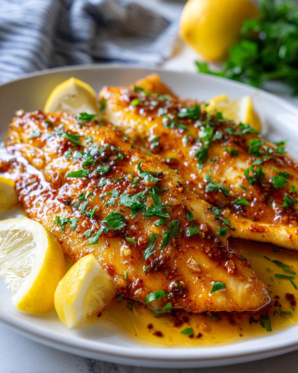 Two fillets of garlic butter baked tilapia with lemon wedges and parsley on a white plate.