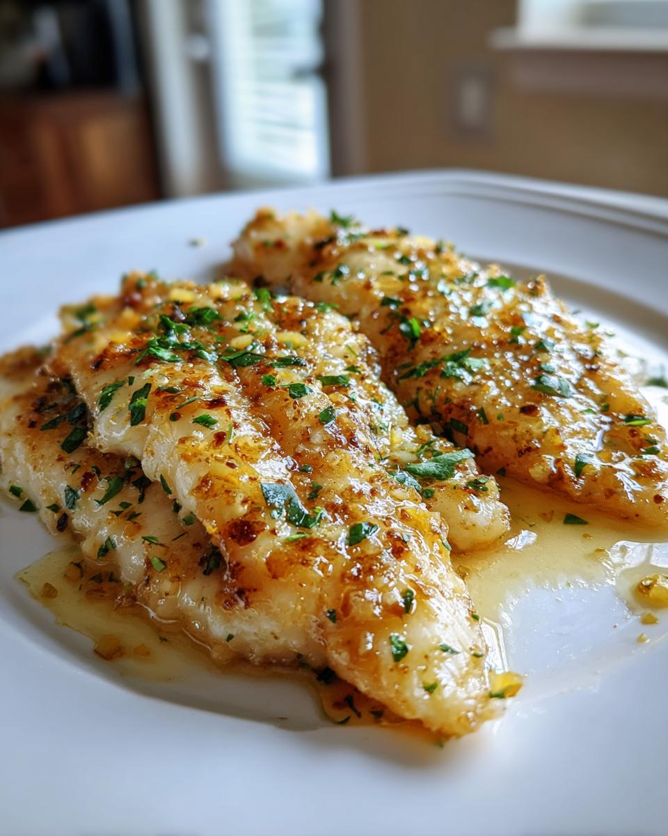 Close-up of garlic butter baked tilapia with lemon garnished with herbs on a white plate.