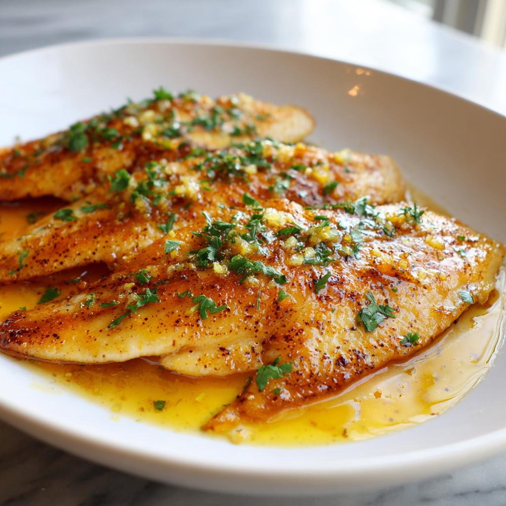 Close-up of garlic butter baked tilapia with lemon and herbs in a white bowl.