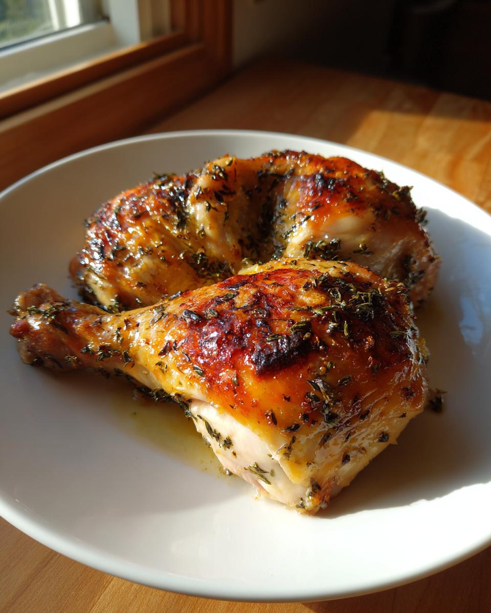 Two garlic butter roasted chicken leg quarters with crispy skin and herbs on a white plate.