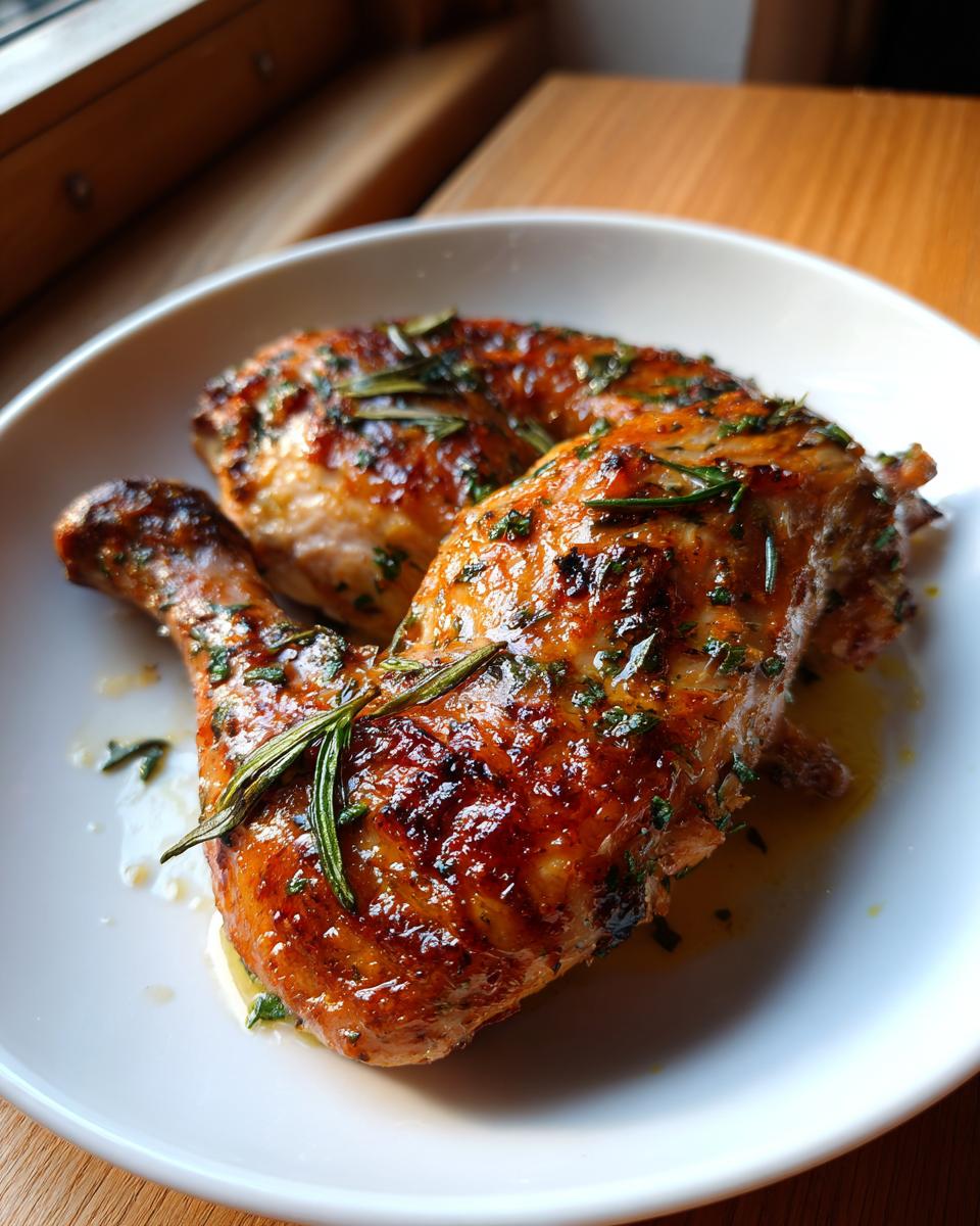 Two garlic butter roasted chicken leg quarters garnished with herbs on a white plate.