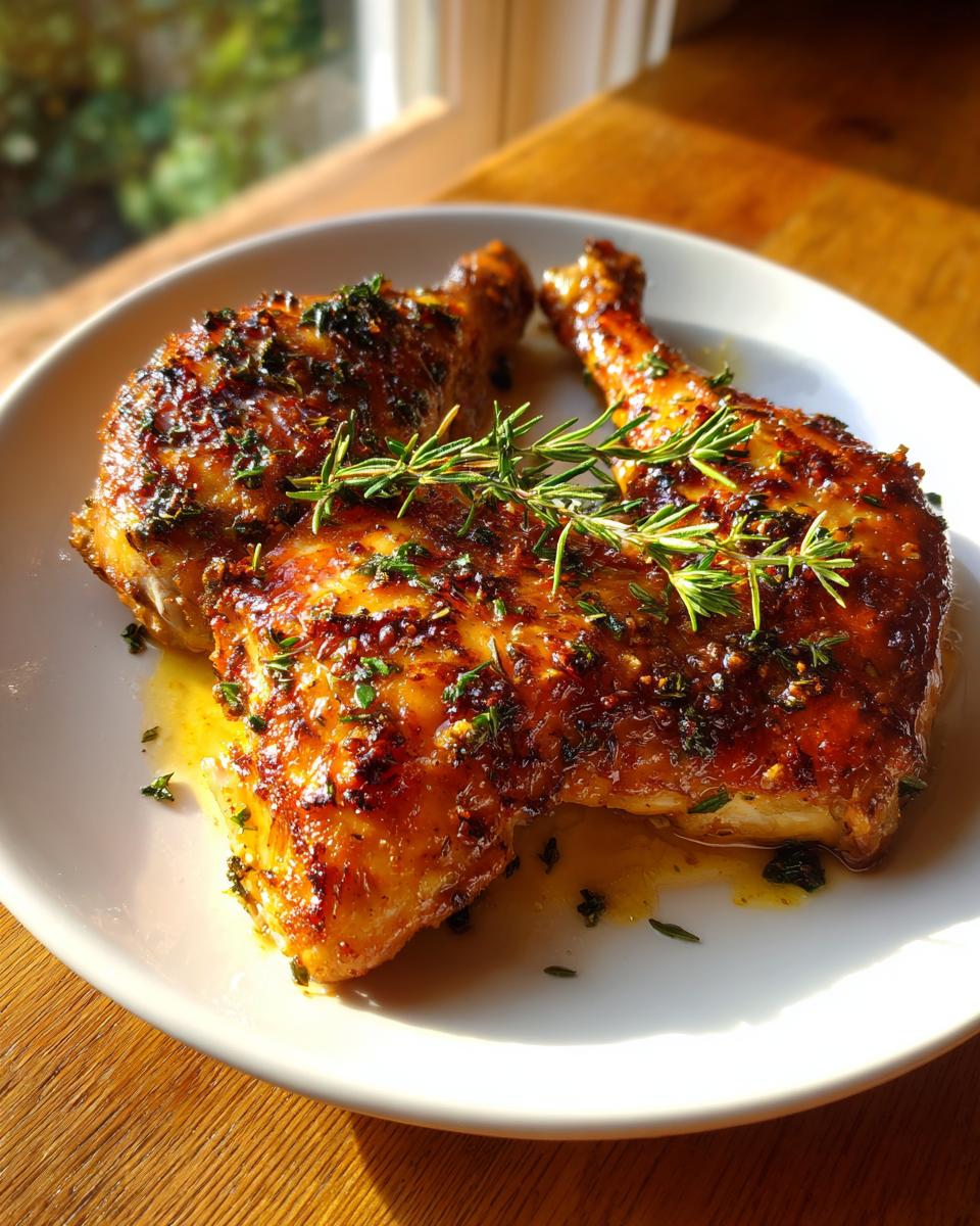 Plate with two garlic butter roasted chicken leg quarters garnished with fresh herbs