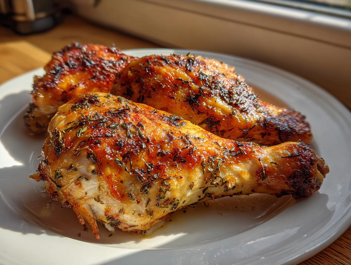 Three garlic butter roasted chicken leg quarters on a white plate with herbs and spices.