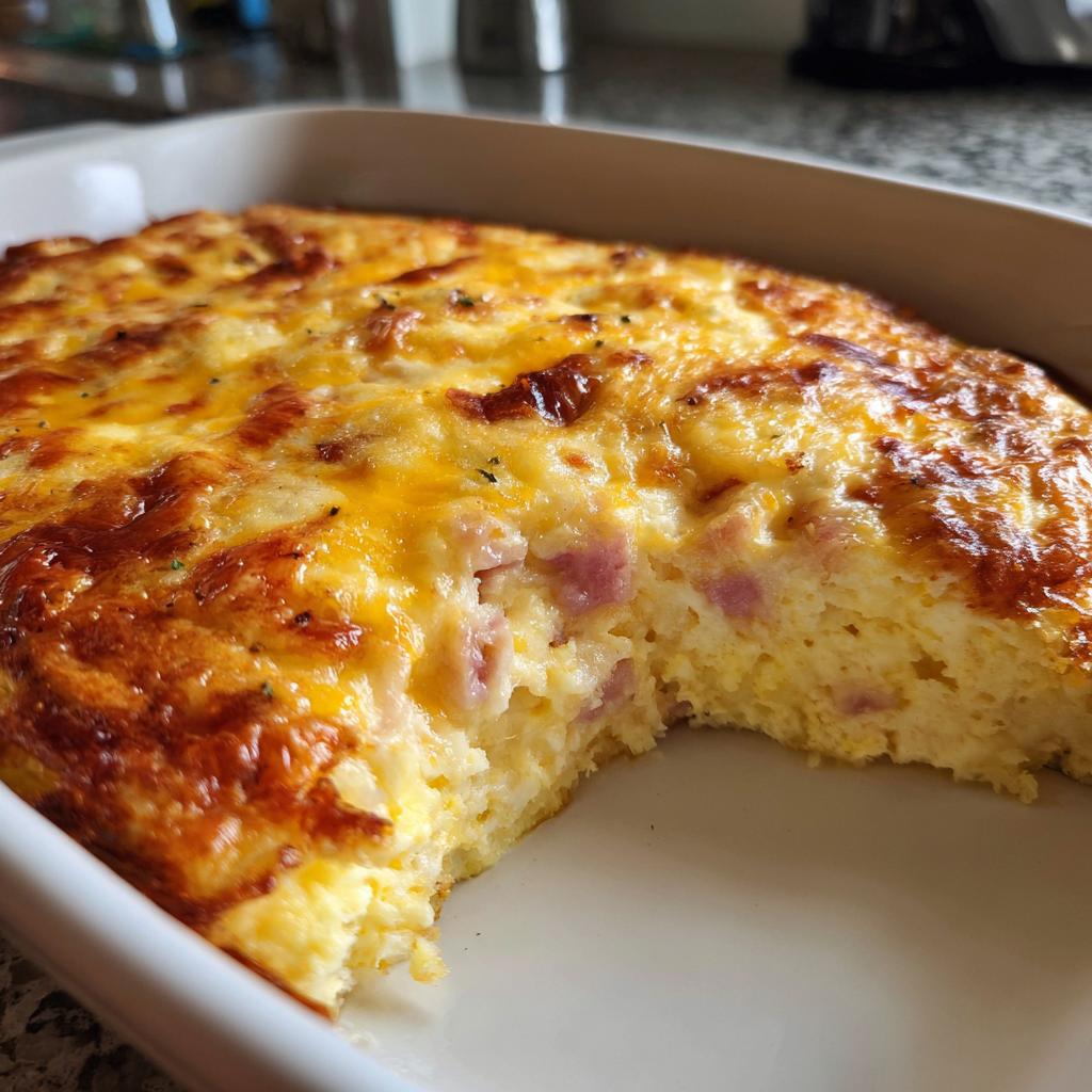 Close-up of a golden ham and cheese egg bake for brunch with a slice removed in a white dish