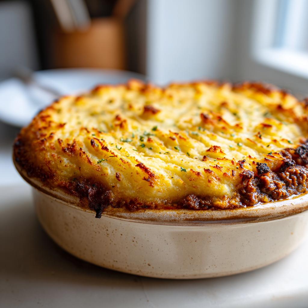 Baked shepherds pie with beef and mashed potatoes in a ceramic dish, golden and crispy on top