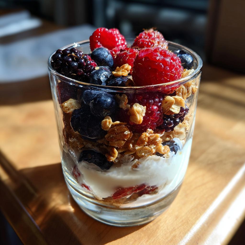 Glass filled with granola parfait with yogurt and mixed berries like raspberries, blueberries, and blackberries.