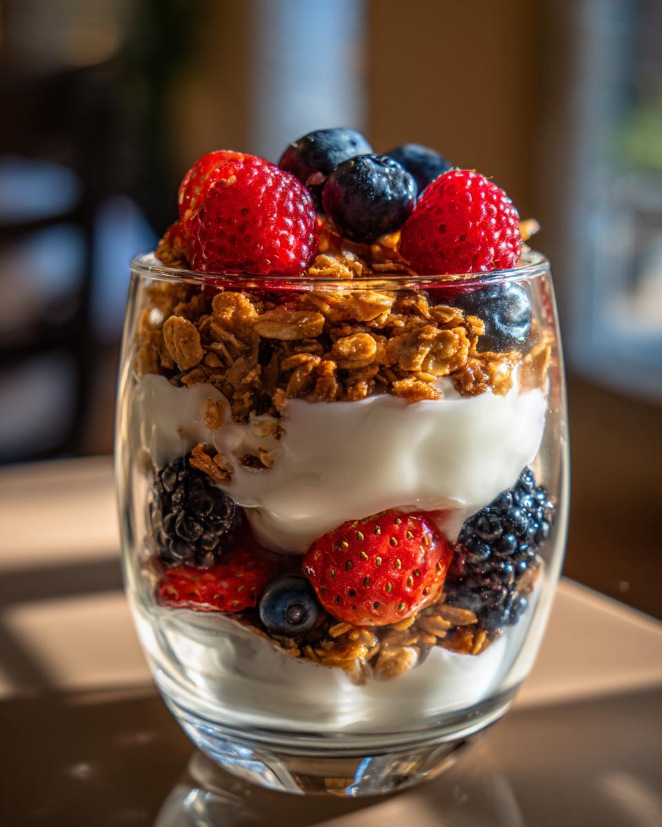 Close-up of a granola parfait with yogurt and mixed berries in a clear glass