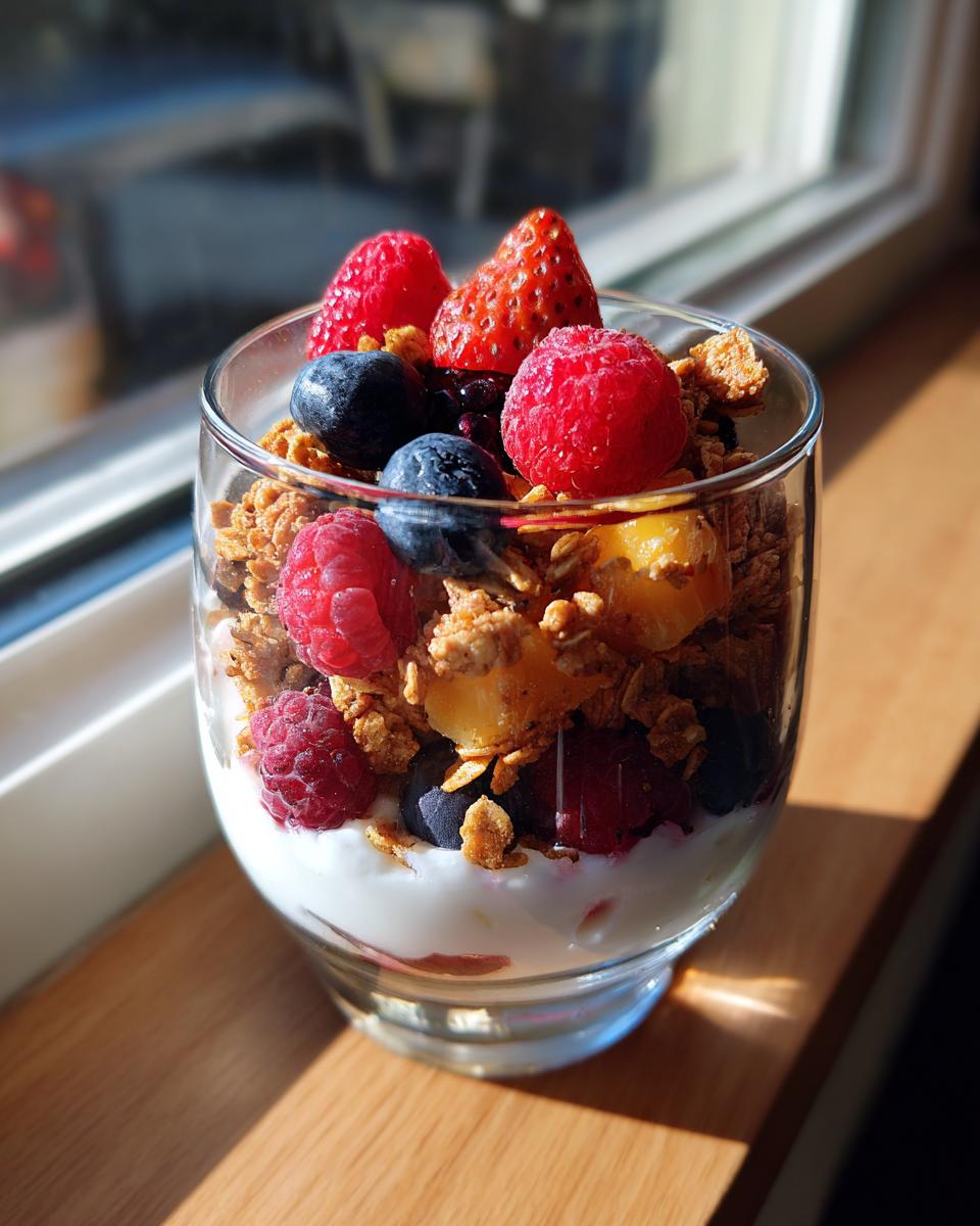 Glass of granola parfait with yogurt and mixed berries including strawberries, blueberries, and raspberries