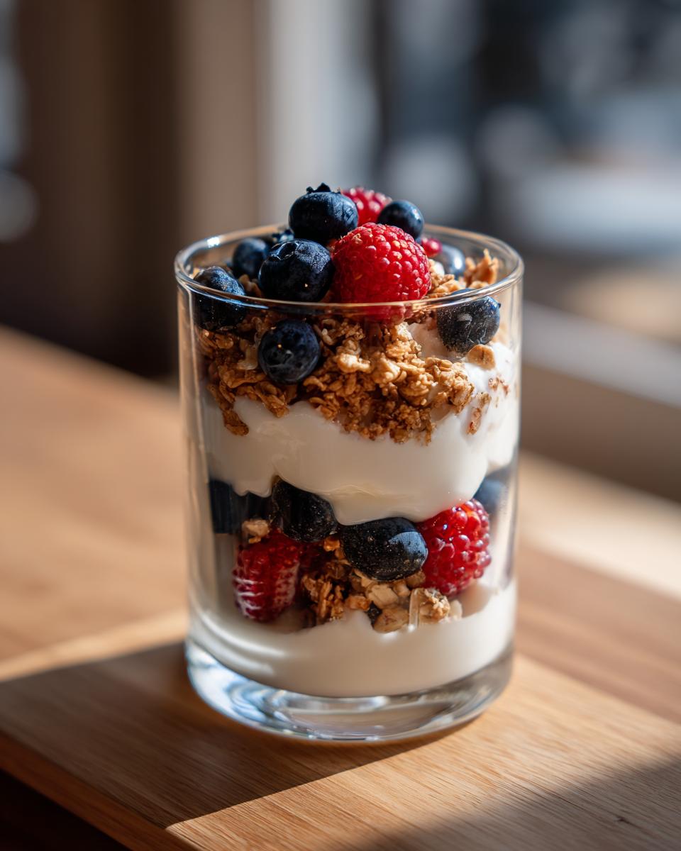 Glass filled with granola parfait with yogurt and mixed berries including blueberries and raspberries.