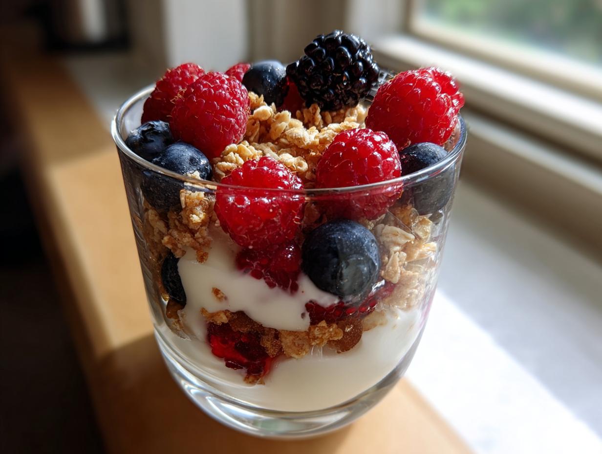 Glass filled with granola parfait with yogurt, raspberries, blueberries, and blackberry on top