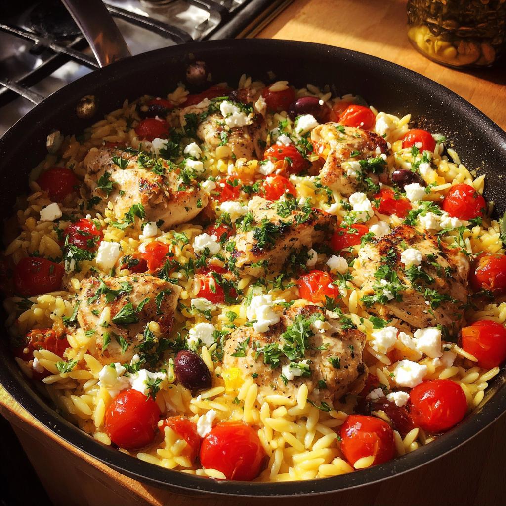 Skillet with greek chicken and orzo skillet dinner garnished with cherry tomatoes, feta cheese, olives, and herbs.