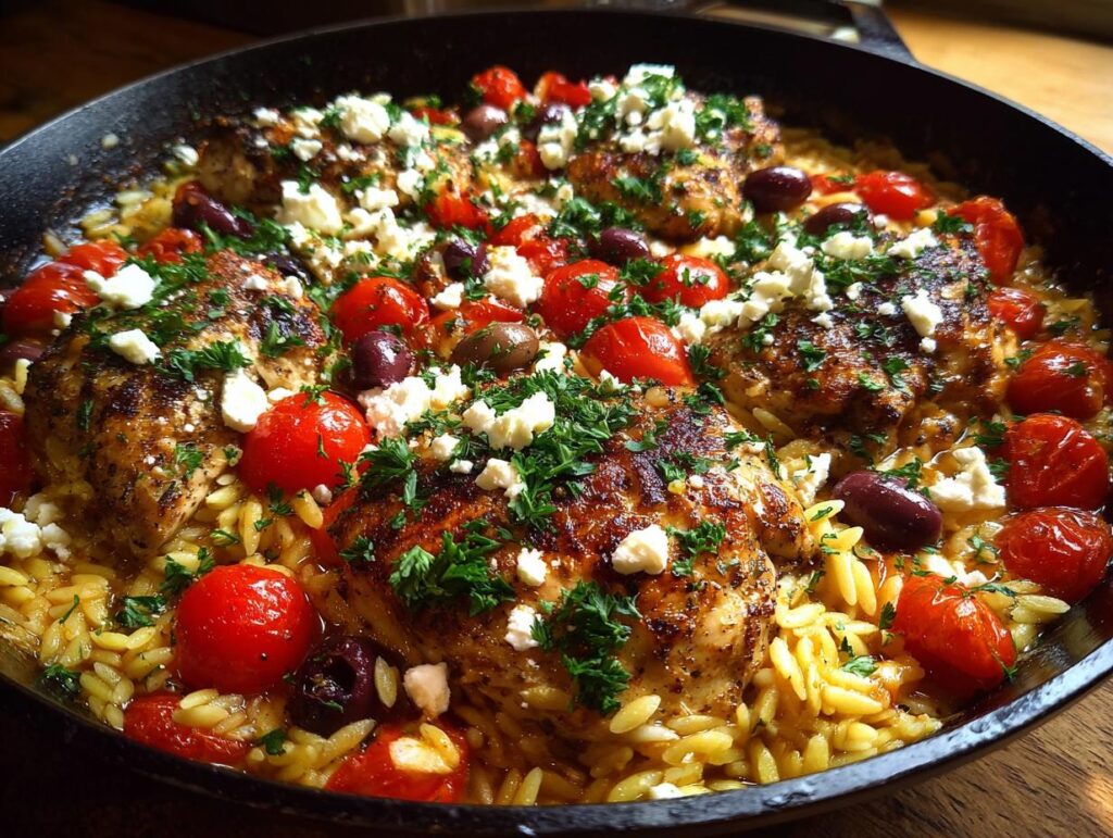 Skillet dinner with greek chicken and orzo, cherry tomatoes, olives, feta, and fresh herbs.