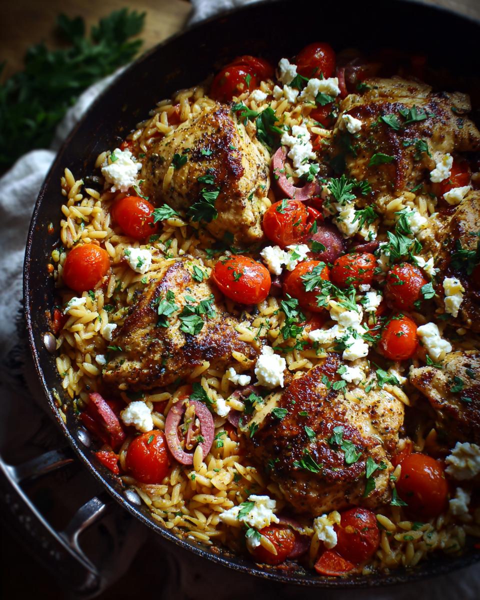 Skillet filled with greek chicken and orzo skillet dinner with cherry tomatoes, olives, and feta cheese.