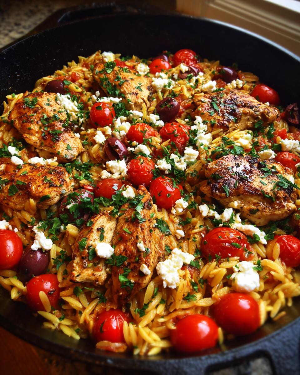 Skillet with greek chicken and orzo skillet dinner topped with cherry tomatoes, olives, feta cheese, and parsley