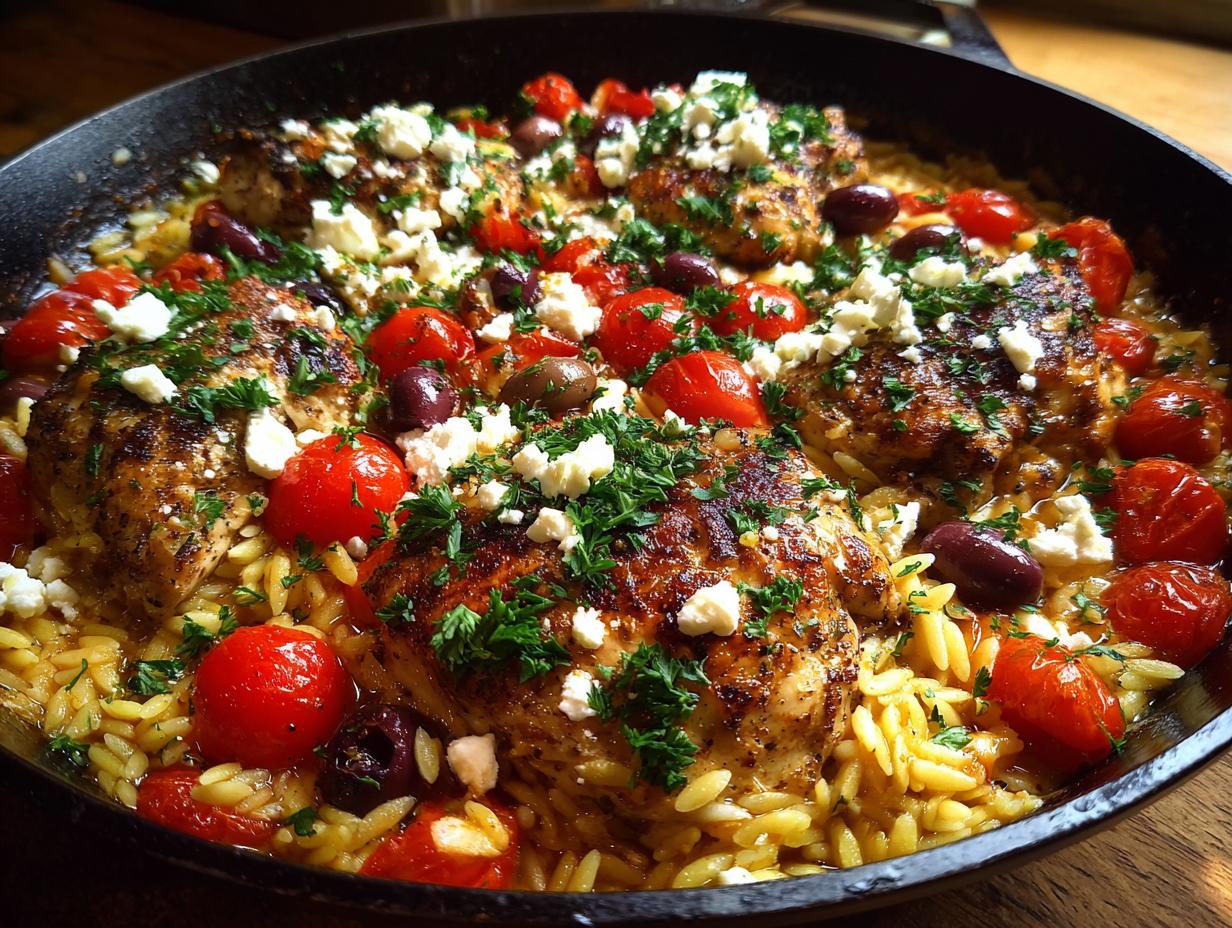 Skillet dinner with greek chicken and orzo, cherry tomatoes, olives, feta, and fresh herbs.