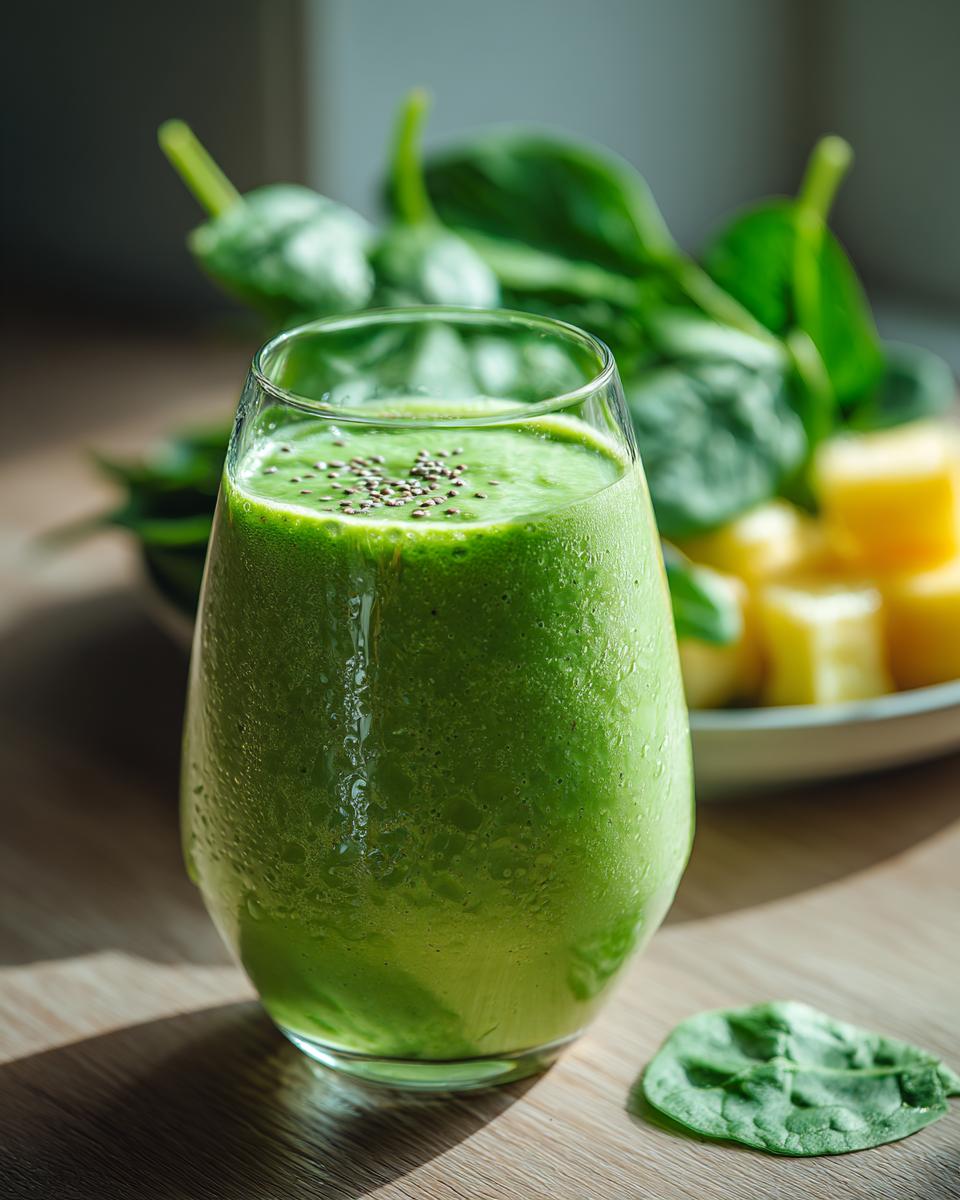 Glass of vibrant green smoothie with spinach and pineapple pieces on a wooden table