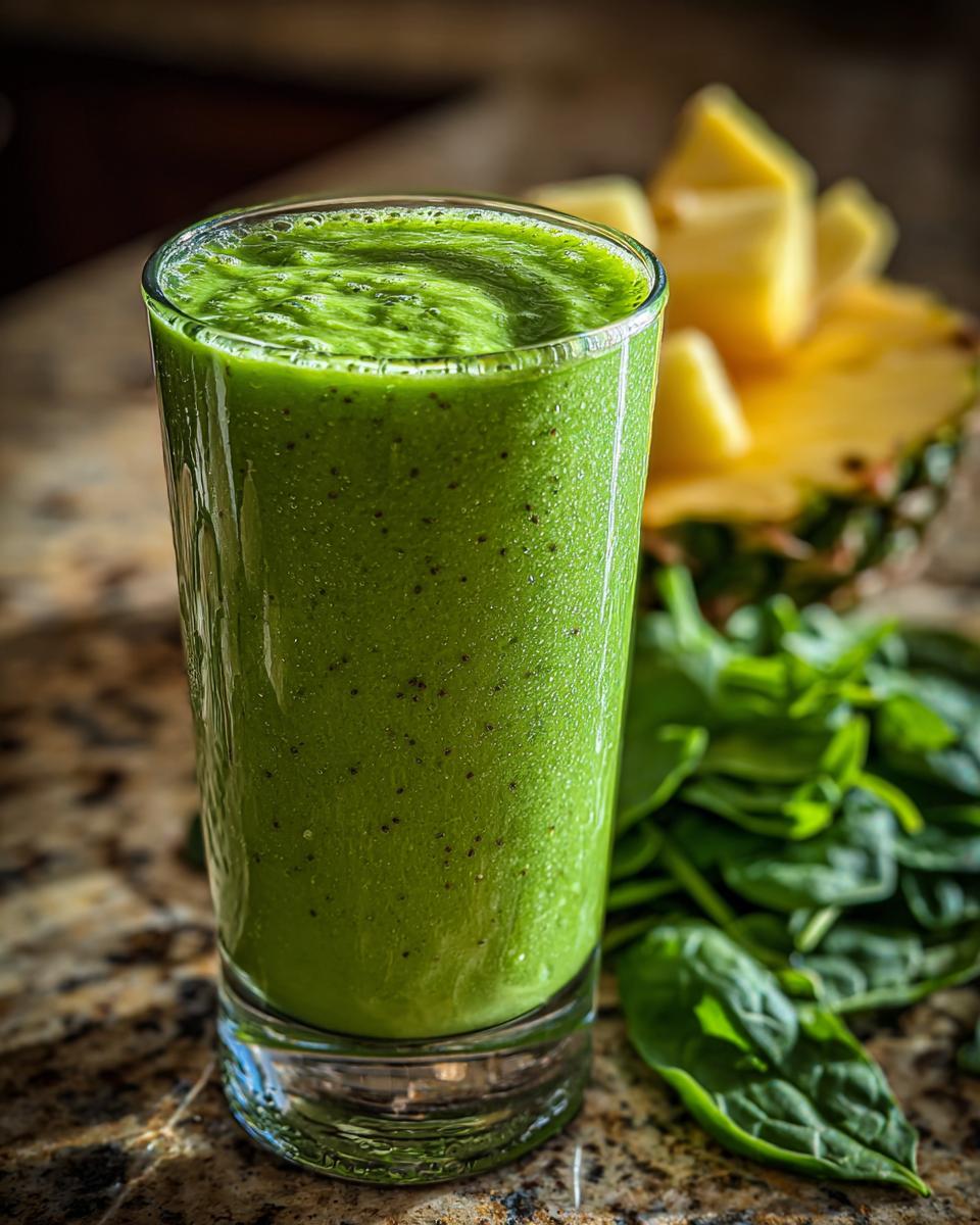 Close-up of a green smoothie with spinach pineapple in a clear glass on a kitchen countertop