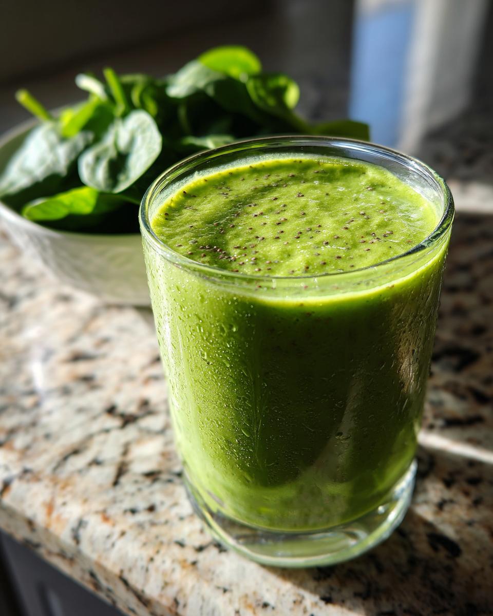 Close-up of a green smoothie with spinach pineapple in a glass on a granite countertop