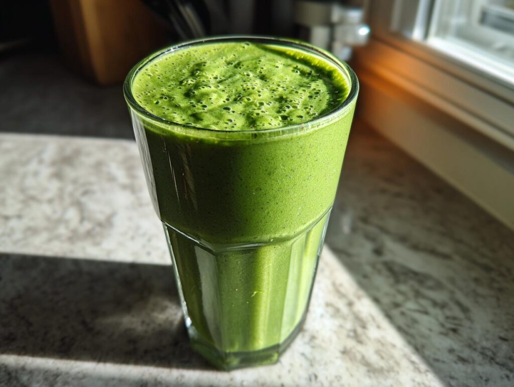 Glass filled with a fresh green smoothie with spinach pineapple on a countertop near a window.