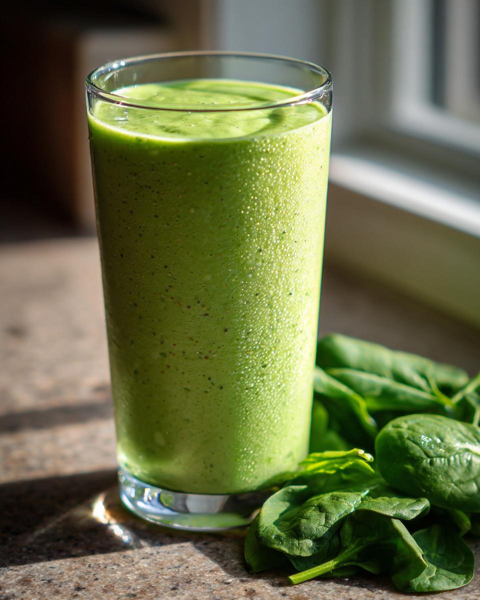 Tall glass of green smoothie with spinach pineapple next to fresh spinach leaves