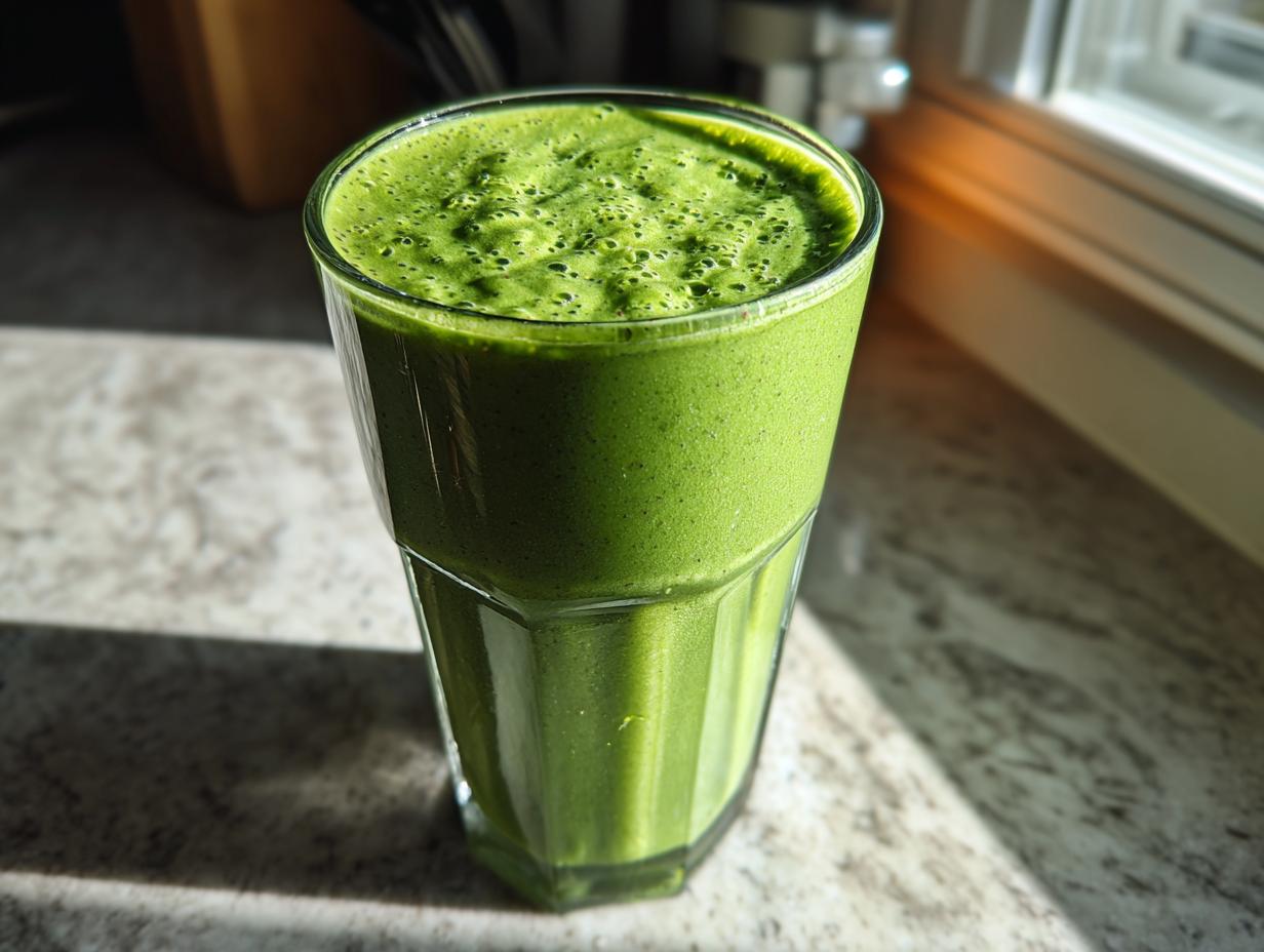 Glass filled with a fresh green smoothie with spinach pineapple on a countertop near a window.
