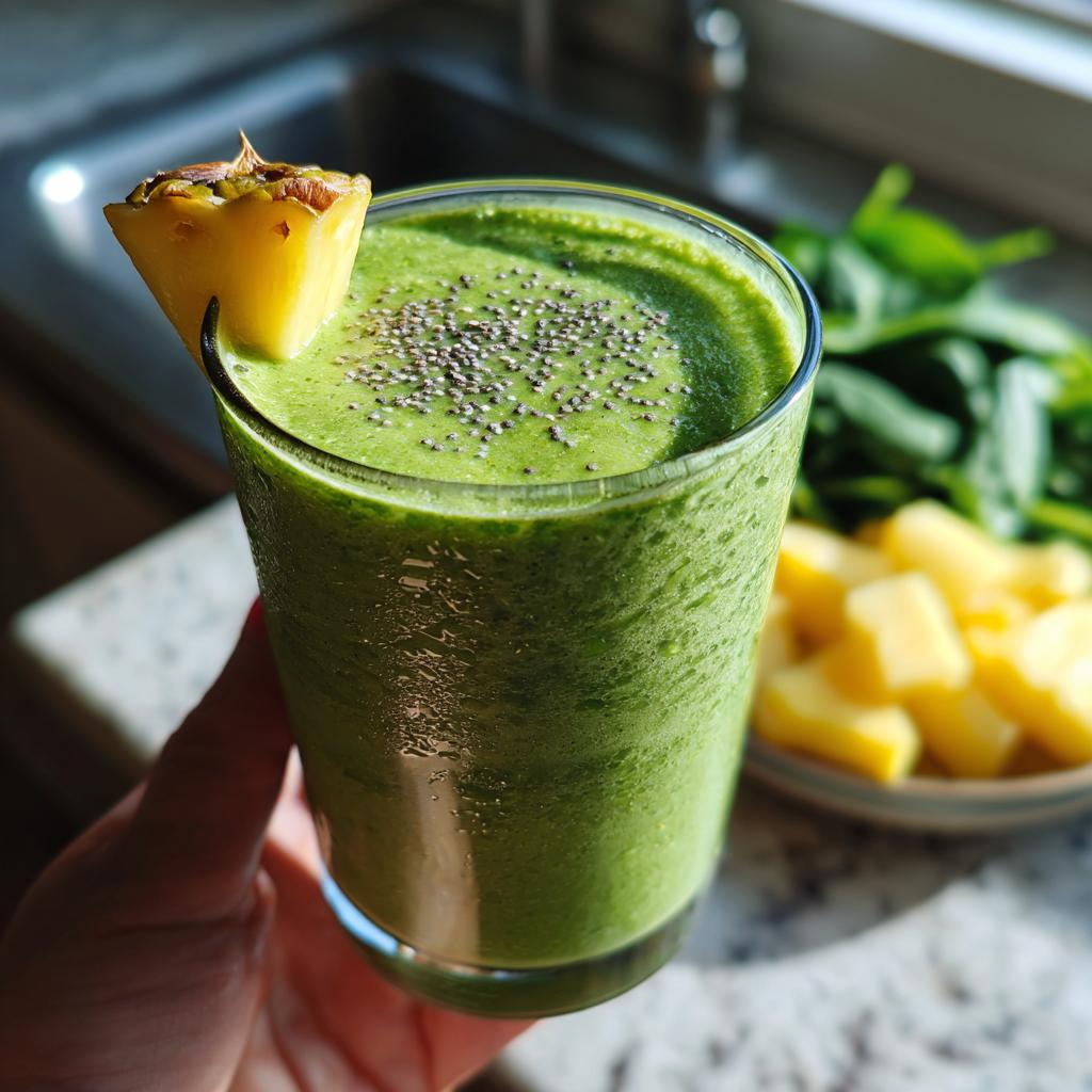 Glass of green smoothie with spinach pineapple topped with chia seeds and pineapple wedge