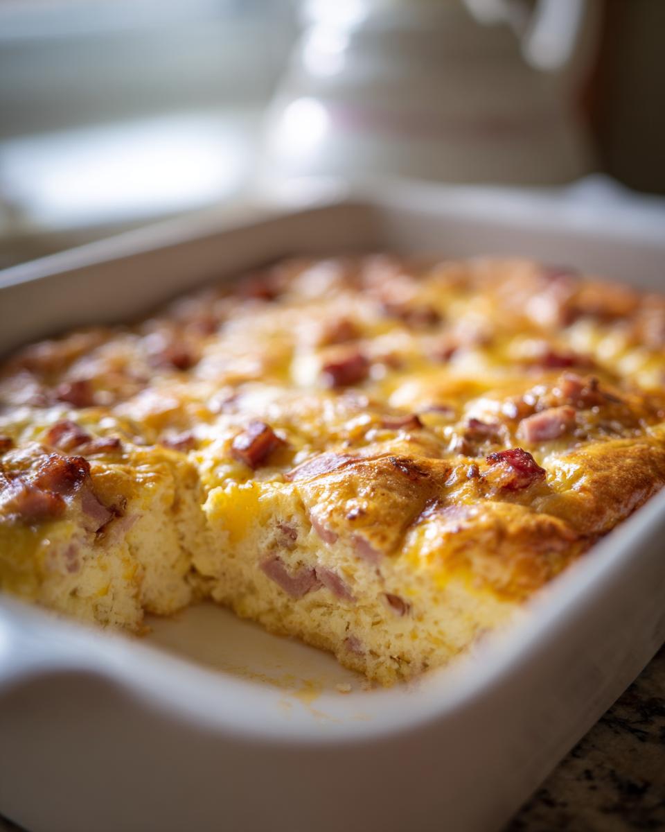Close-up of a baked ham and cheese egg bake for brunch with a portion removed.