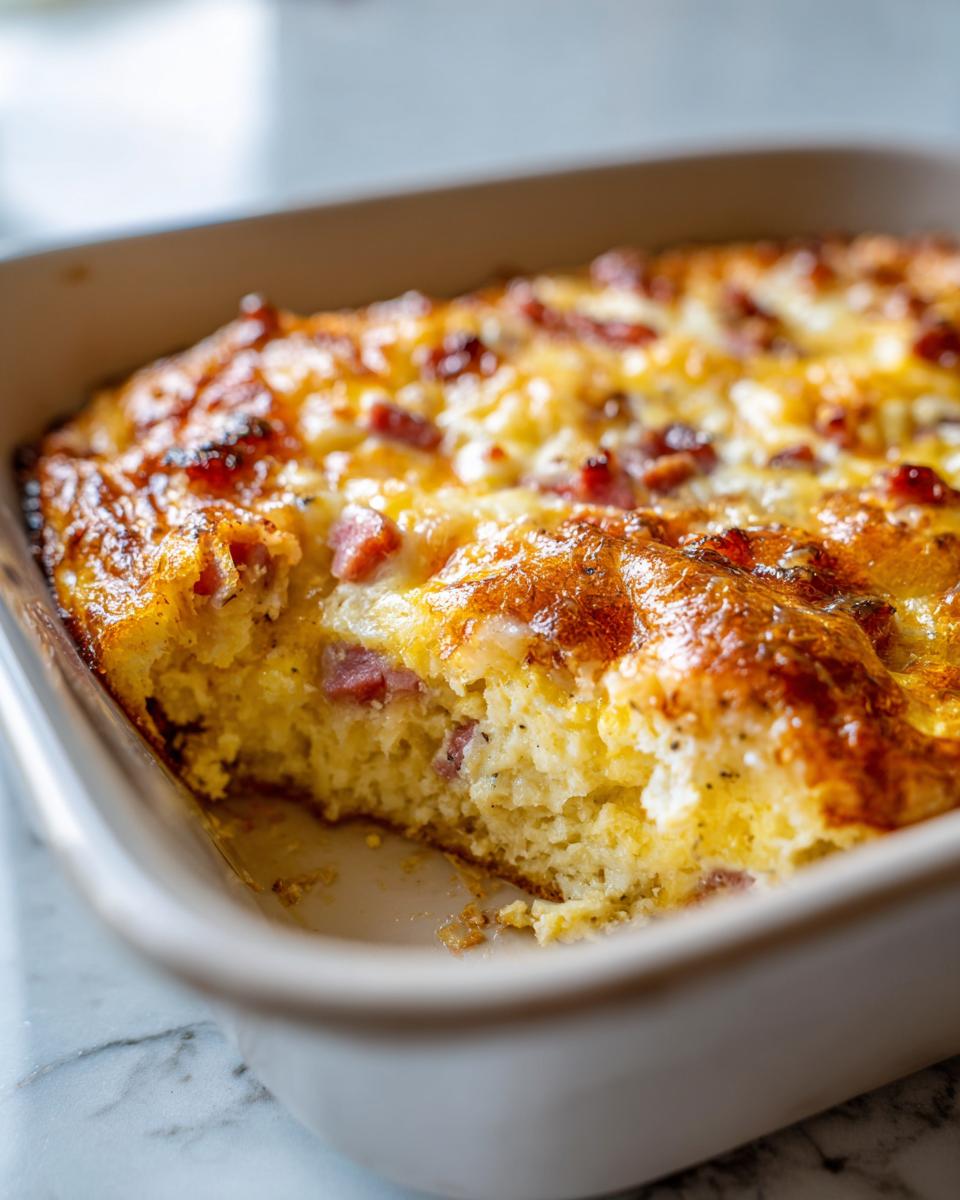 Close-up of a golden, cheesy ham and cheese egg bake for brunch with a piece removed.