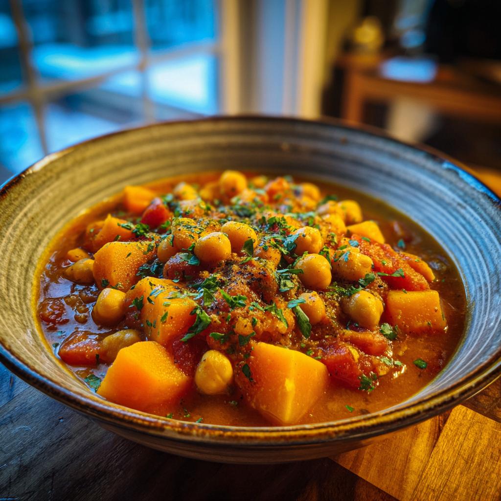 Close-up of a bowl filled with butternut squash and chickpea stew garnished with herbs.