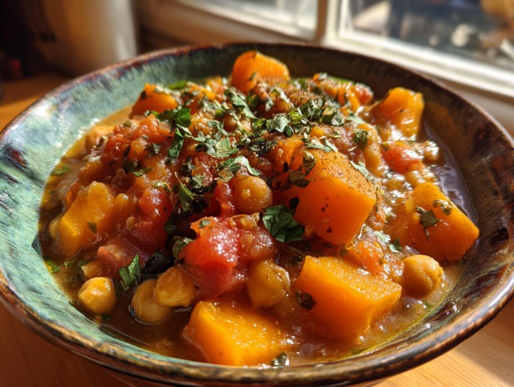 Close-up of butternut squash and chickpea stew garnished with herbs in a ceramic bowl