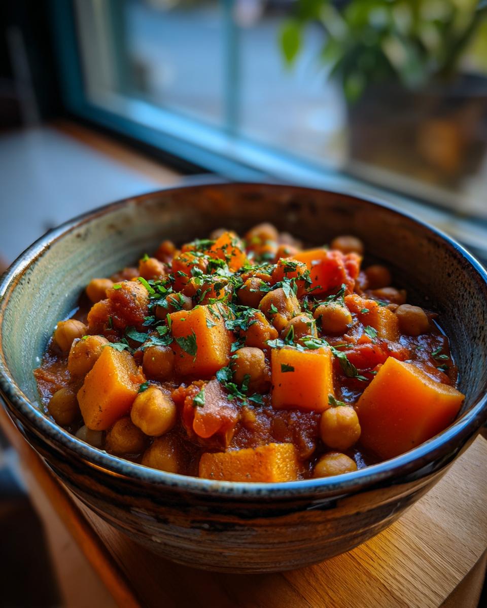 Close-up of a bowl filled with butternut squash and chickpea stew garnished with fresh herbs.