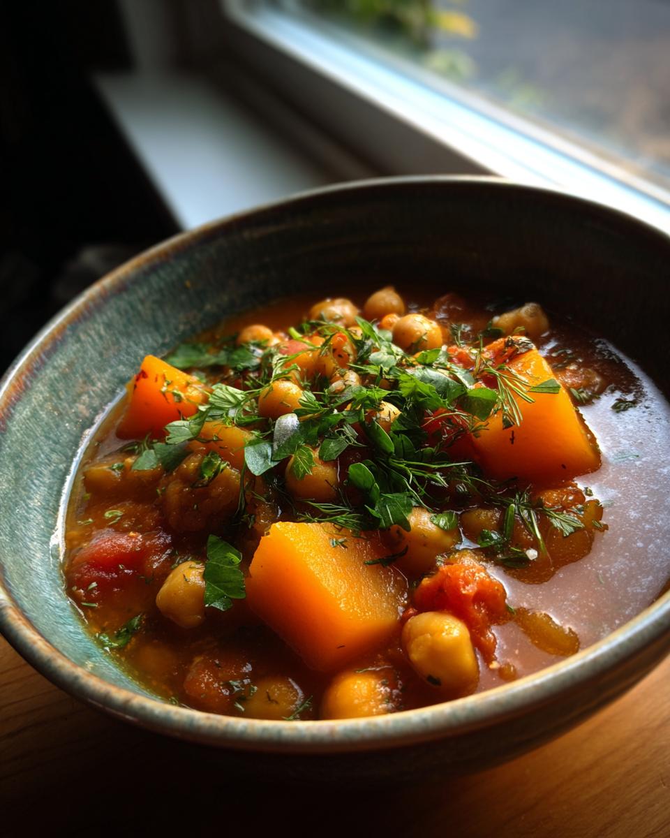 Bowl of hearty butternut squash and chickpea stew garnished with fresh herbs near window light