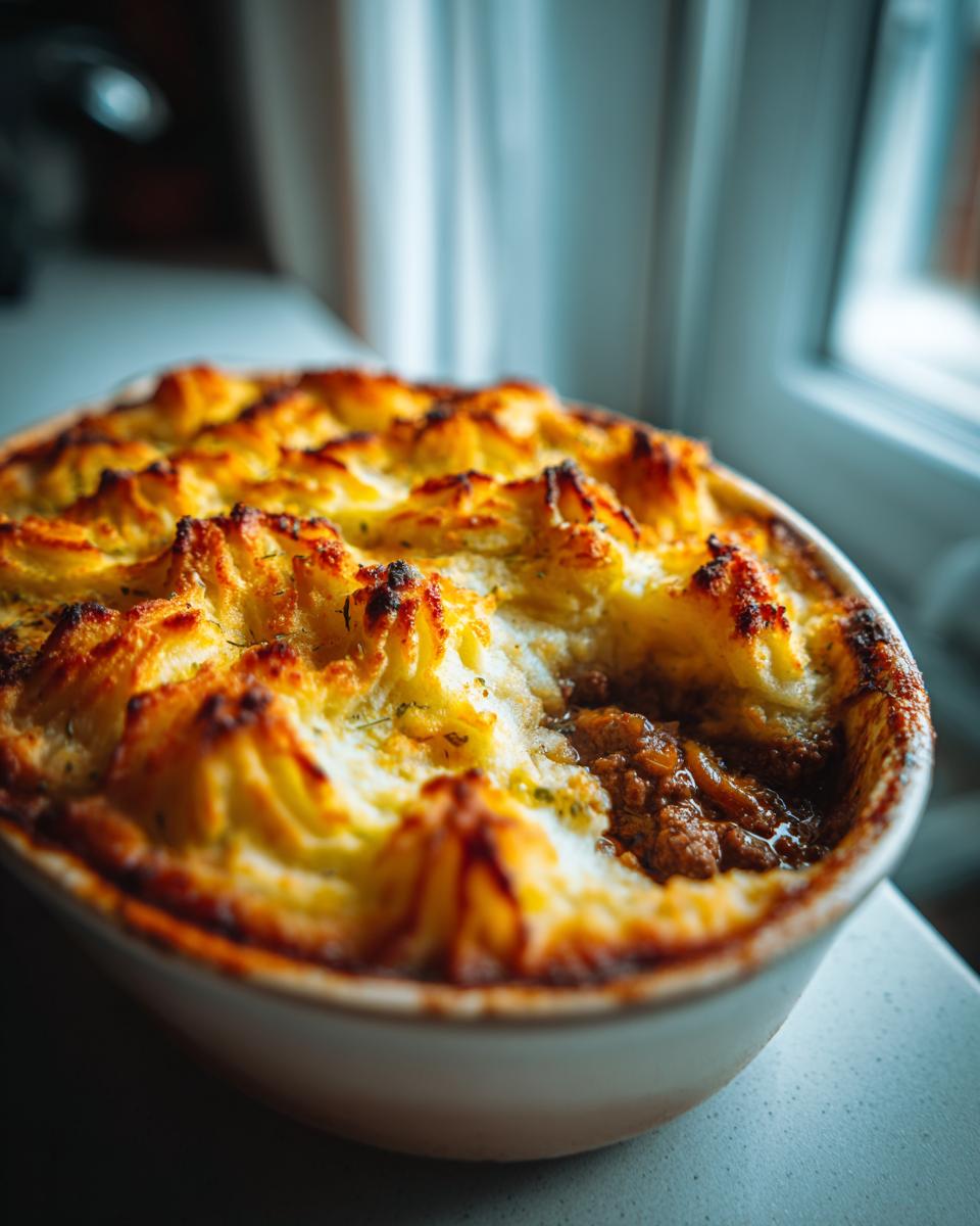 Close-up of shepherds pie with beef and mashed potatoes in a round dish with browned mashed potato peaks