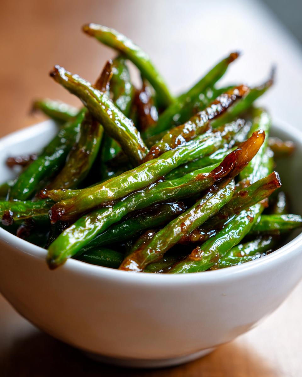 Glazed honey garlic roasted green beans served in a white bowl on wooden surface