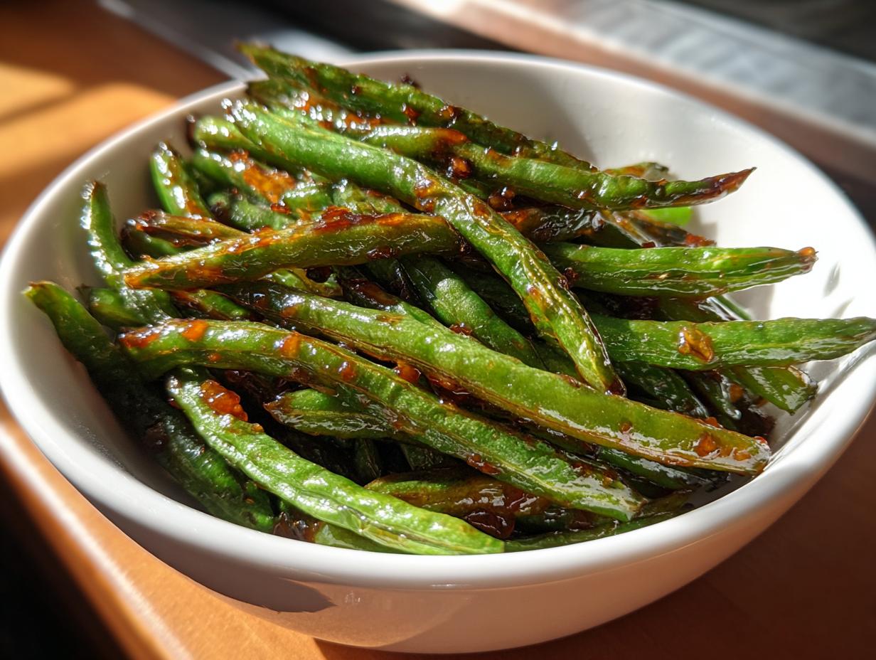 Bowl of honey garlic roasted green beans glistening with sauce on wooden surface.