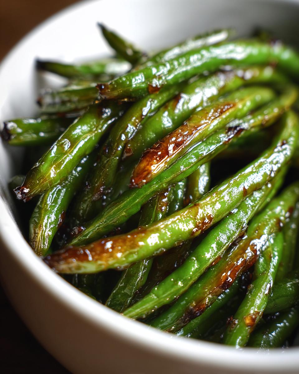 Close-up of honey garlic roasted green beans with a shiny glaze in a white bowl.