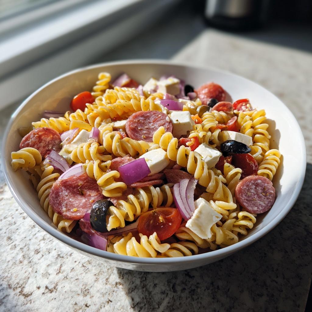 Bowl of Italian pasta salad with salami, mozzarella, cherry tomatoes, olives, and red onion.